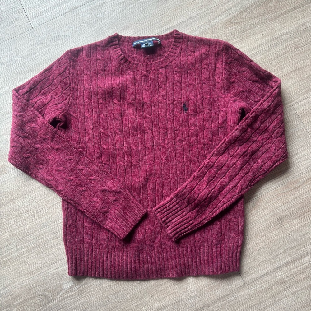 Ralph Lauren | Women's Cable Knit Crewneck Sweater | Size M | Lambs Wool | Berry